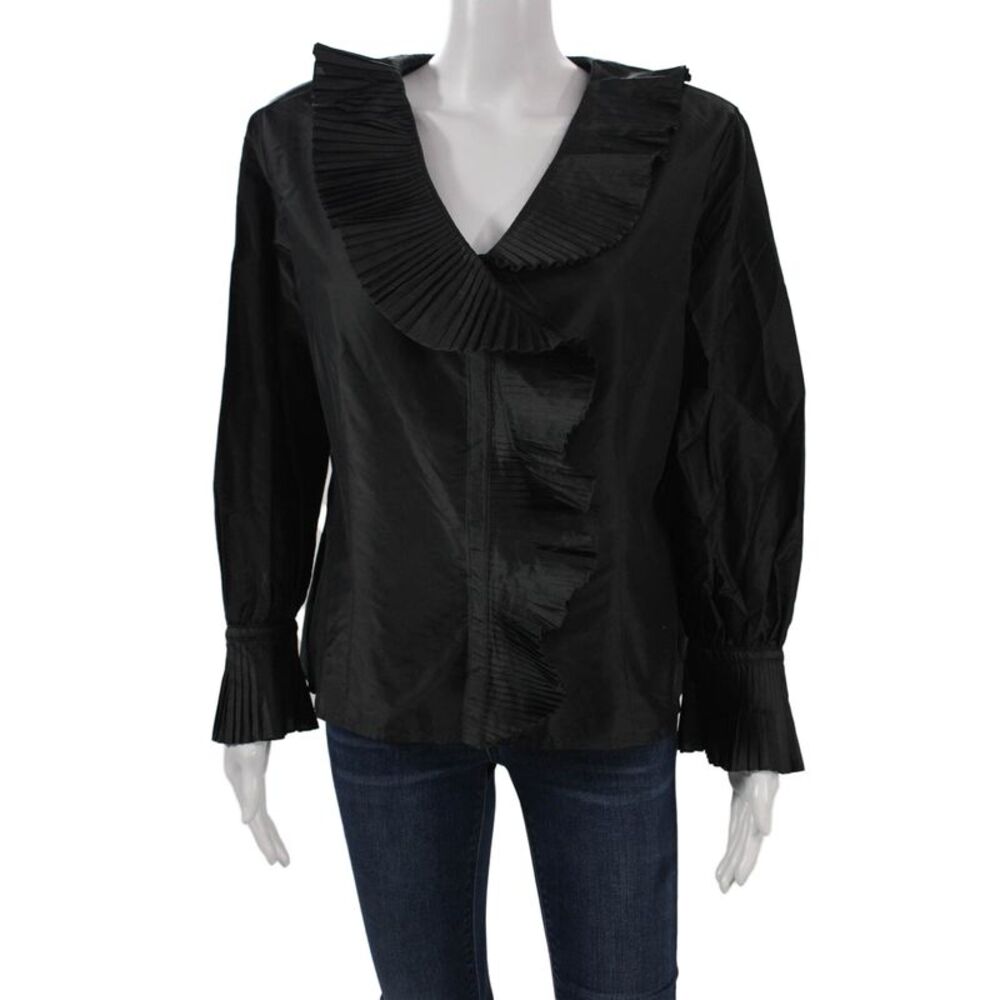 Oscar de la Renta Women Black Silk V-Neck Long Sleeve Blouse Size 16